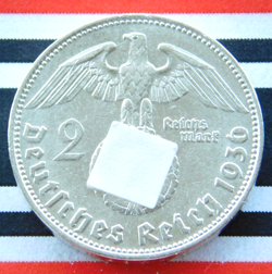 GERMAN 2 REICHSMARK 1936 D SWASTIKA HINDENBURG SILVER COIN 3RD WW2   RARE   MARK