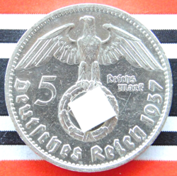 GERMAN 5 REICHSMARK 1937 D SWASTIKA HINDENBURG SILVER COIN 3RD WW2 MARK   UNC PL