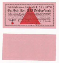 GERMANY WW2 POW CAMP MONEY 10 REICHSPFENNIG LAGERGELD HISTORICAL DOCUMENT UNC