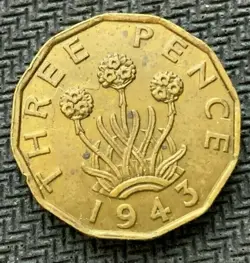 1943 GREAT BRITAIN 3 PENCE COIN AU UNC  WW2 ERA    #C1106