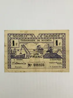 NEW CALEDONIA NOUMEA 1 FRANC 1943 WORLD WAR 2 EMERGENCY ISSUE
