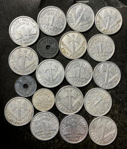 OLD VICHY FRANCE COIN LOT - 19 HISTORIC WW2 ERA OCCUPATION COINS - LOT N18