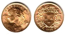 1935 SWITZERLAND PRE WW-2  20 FRANC GOLD COIN A GEM BU YOU'LL RECEIVE  .1867 AGW