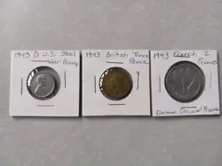 FRANCE, USA, BRITAIN 1943 3 PENCE, 2 FRANCS, AND ONE CENT WW2 COIN LOT OF 3 RARE