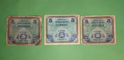 FRANCE 1944 LOT OF 3 5 FRANC BANKNOTES WW2
