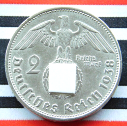 GERMAN 2 REICHSMARK 1938 D SWASTIKA HINDENBURG SILVER COIN 3RD REICH WW2 UNC MK