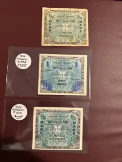1/2 MARK 1 MARK ALLIED OCCUPATION GERMANY 1944 WW2 CURRENCY 50 PFENNIG NOTE LOT