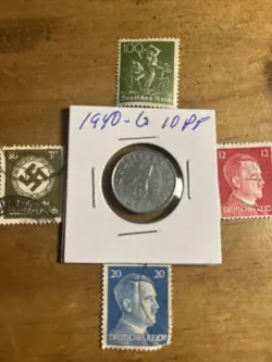 WW2 GERMAN NAZI 1940-G 10 PFENNIG NAZI COIN AND HITLER STAMPS RARE LOT