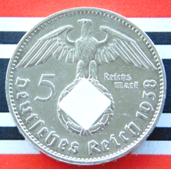 GERMAN 5 REICHSMARK 1938 J HINDENBURG SILVER COIN THIRD REICH WW2 MARK   RARE