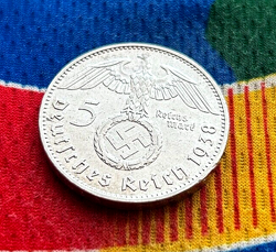 1938 J  5 MARK GERMAN WW2 SILVER COIN THIRD REICH REICHSMARK