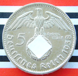 GERMAN 5 REICHSMARK 1938 E HINDENBURG SILVER COIN THIRD REICH WW2 MARK   RARE