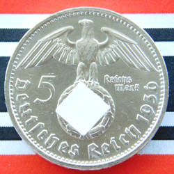 GERMAN 5 REICHSMARK 1936 D SWASTIKA HINDENBURG SILVER COIN 3RD WW2 MARK   UNC