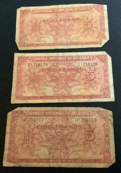 BANKNOTE: WW2  BELGIUM BANKNOTES X 3
