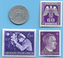 GERMANY WW2 1941 J 5 RPF SWASTIKA COIN & HITLER SWASTIKA STAMP LOT WW2 ERA #