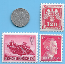 GERMANY WW2 1942 B 1 RPF SWASTIKA COIN & HITLER SWASTIKA STAMP LOT WW2 ERA