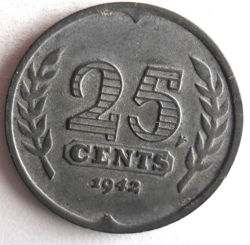 1942 NETHERLANDS 25 CENTS - WW2 DATE - HIGH VALUE COIN - LOT #G18