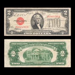 1928-F $2 TWO DOLLAR UNITED STATES NOTE, WW2 SHORT SNORTER DATED 3/11/43, F