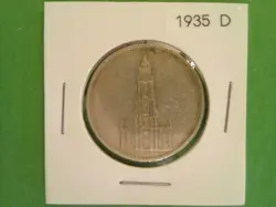 1935 D - 5 REICHSMARK GERMAN SILVER COIN - POTSDAM GARRISON CHURCH, WW2, KM# 83