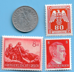 GERMANY WW2 1941 E 10 RPF SWASTIKA COIN & HITLER SWASTIKA STAMP LOT WW2 ERA #5