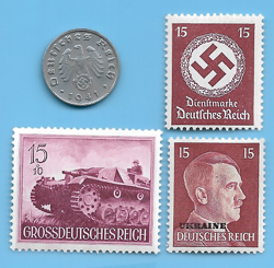 GERMANY WW2 1941 D 1 RPF SWASTIKA COIN & HITLER SWASTIKA STAMP LOT WW2 ERA #5