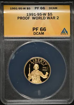 1991-95 W WW2 PROOF $5 COMMEMORATIVE GOLD COIN * ANACS PF66 DCAM