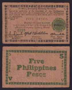 1944 US PHILIPPINES 5 PESOS FREE NEGROS WW2 EMERGENCY CURRENCY