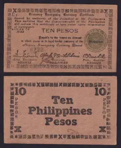 1944 US PHILIPPINES 10 PESOS FREE NEGROS WW2 EMERGENCY CURRENCY A