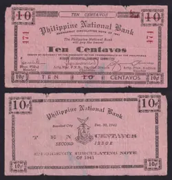 1941 US PHILIPPINES 10 CENTAVOS PNB NEGROS OCCIDENTAL WW2 EMERGENCY NOTES