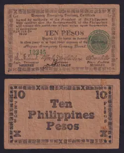 1944 US PHILIPPINES 10 PESOS FREE NEGROS WW2 EMERGENCY CURRENCY C
