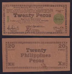 20 PESOS US PHILIPPINES 1944 FREE NEGROS WW2 EMERGENCY CURRENCY