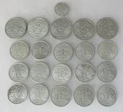 21 VINTAGE VICHY FRANCE CO1NS 1 & 2 FRENCH FRANCS 1942 1943 WW2 GI WAR SOUVENIRS