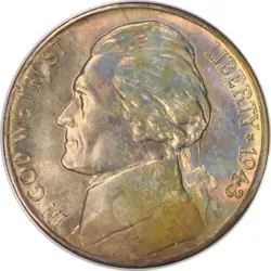 1943 D JEFFERSON SILVER WW2 NICKEL ANACS MS65 FS DARK COLORFUL TONING