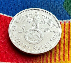 1936 E 5 MARK GERMAN WW2 SILVER COIN THIRD REICH  REICHSMARK AU