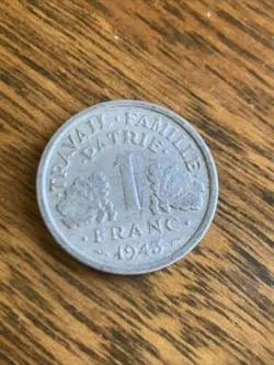1943 FRANCE 1 FRANC COIN GERMAN OCCUPIED WW2 ERA VINTAGE ALUMINUM