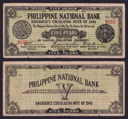 1941 US PHILIPPINES 5 PESOS CEBU PNB FANCY SN 9292 EMERGENCY WW2 NOTE
