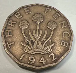 1942  BRITISH THREE PENCE  -   WAR TIME.  FREE SHIPPING.      LOT # 51WW.2