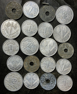 OLD VICHY FRANCE COIN LOT - 20 HISTORIC WW2 ERA OCCUPATION COINS - LOT #N26