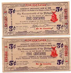 PHILIPPINES S640 S641 PAIR 5 CENTAVOS NEGROS 1942  BANK NOTES WW2 MONEY AU