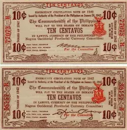 PHILIPPINES S642 S643 PAIR 10 CENTAVOS NEGROS 1942  BANK NOTES WW2 MONEY UNC