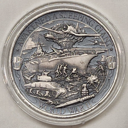 1OZ WORLD WAR 2 AWAKE SLEEPING GIANT ANTIQUE SILVER ROUND COIN 2 PATRIOT SERIES