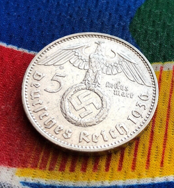 1936 J 5 MARK GERMAN WW2 SILVER COIN THIRD REICH  REICHSMARK