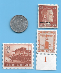 GERMANY WW2 1942 A 5 RPF SWASTIKA COIN & HITLER SWASTIKA STAMP LOT WW2 ERA #10