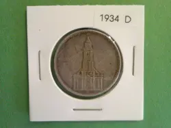 1934 D - 5 REICHSMARK GERMAN SILVER COIN - POTSDAM GARRISON CHURCH, WW2, KM# 83