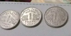 1942 1 FRANC WW2 FRANCE , CIRCULATED FRENCH COIN  3 COINS