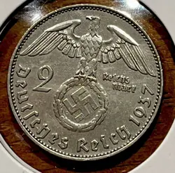 1937 GERMANY 2 MARK SILVER COIN, THIRD REICH, HINDENBURG, WW2, AU/UNCIRCULATED