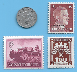 GERMANY WW2 1942 B 1 RPF SWASTIKA COIN & HITLER SWASTIKA STAMP LOT WW2 ERA #12
