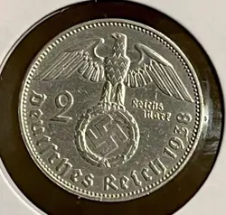 1938 GERMANY 2 MARK SILVER COIN, THIRD REICH, HINDENBURG, WW2, AU/UNCIRCULATED
