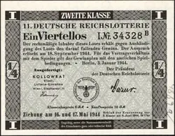 11. GERMANY 1/4 LOTTERY TICKET REICHSLOTTERIE 1944 - WW2 - SERIES: 34328B - #D10