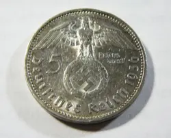 GERMANY 3RD REICH WW2 SILVER  1936 A 5 REICHSMARK  WITH SWASTIKA