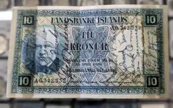 1928 ICELAND 10 KRONUR BANKNOTE LANDSBANKI ISLANDS. SHORT SNORTER. WW2